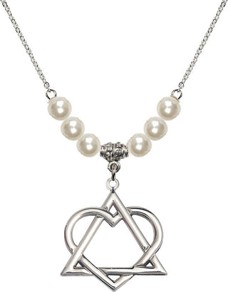 18" Rhodium Plated Necklace with 6mm Faux-Pearl Beads featuring a Sterling Silver Adoption Heart Medal.