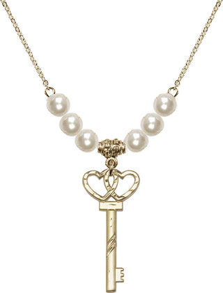 18" Hamilton Gold Plated Necklace with 6mm Faux-Pearl Beads featuring a 14kt Gold Filled Small Key w/Double Hearts Medal.