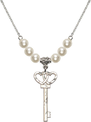 18" Rhodium Plated Necklace with 6mm Faux-Pearl Beads featuring a Sterling Silver Small Key w/Double Hearts Medal.