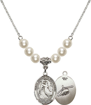 18" Rhodium Plated Necklace with 6mm Faux-Pearl Beads featuring a Sterling Silver Saint Joseph of Cupertino/Heleco Medal.
