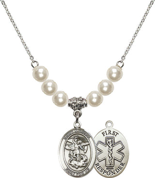 18" Rhodium Plated Necklace with 6mm Faux-Pearl Beads featuring a Sterling Silver Saint Michael/1St Responder Medal.