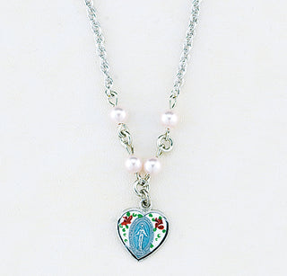 4mm Pink Finest Austrian Crystal Pearl Pendant | Sterling Silver Enameled Heart Miraculous Medal 18-inch Chain