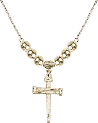 18" Hamilton Gold Plated Necklace with 6mm 14kt Gold Filled Beads featuring a 14kt Gold Filled Nail Cross Medal.