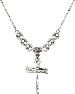 18" Rhodium Plated Necklace with 6mm Sterling Silver Beads featuring a Sterling Silver Nail Cross Medal.
