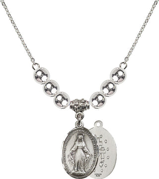 18" Rhodium Plated Necklace with 6mm Sterling Silver Beads featuring a Sterling Silver Miraculous Medal.