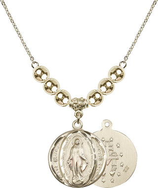 18" Hamilton Gold Plated Necklace with 6mm 14kt Gold Filled Beads featuring a 14kt Gold Filled Miraculous Medal.