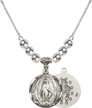 18" Rhodium Plated Necklace with 6mm Sterling Silver Beads featuring a Sterling Silver Miraculous Medal.