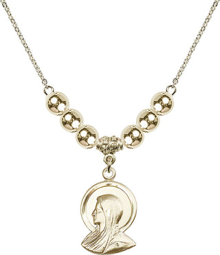 18" Hamilton Gold Plated Necklace with 6mm 14kt Gold Filled Beads featuring a 14kt Gold Filled Madonna Medal.
