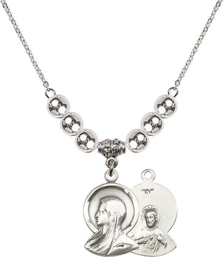 18" Rhodium Plated Necklace with 6mm Sterling Silver Beads featuring a Sterling Silver Madonna Medal.