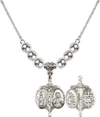 18" Rhodium Plated Necklace with 6mm Sterling Silver Beads featuring a Sterling Silver Novena Medal.