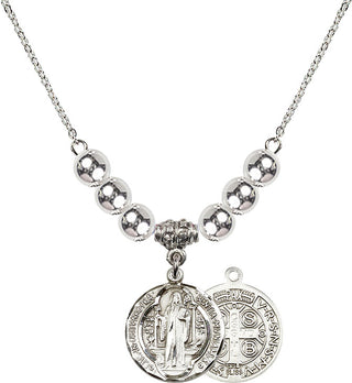 18" Rhodium Plated Necklace with 6mm Sterling Silver Beads featuring a Sterling Silver Saint Benedict Medal.