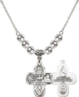 18" Rhodium Plated Necklace with 6mm Sterling Silver Beads featuring a Sterling Silver 5-Way Medal.