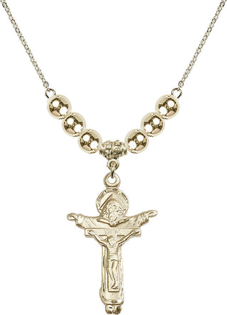 18" Hamilton Gold Plated Necklace with 6mm 14kt Gold Filled Beads featuring a 14kt Gold Filled Trinity Crucifix Medal.
