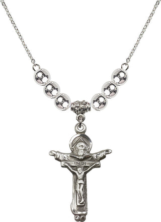 18" Rhodium Plated Necklace with 6mm Sterling Silver Beads featuring a Sterling Silver Trinity Crucifix Medal.