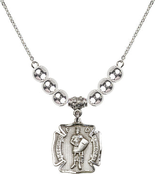 18" Rhodium Plated Necklace with 6mm Sterling Silver Beads featuring a Sterling Silver Saint Florian Medal. Engraved Catholic Saint Jewelry