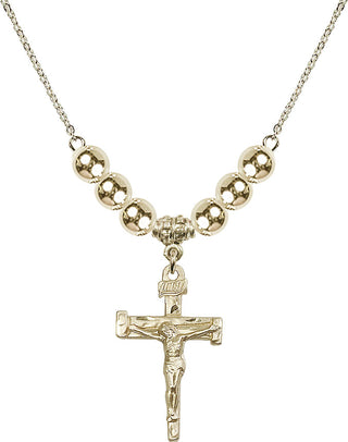 18" Hamilton Gold Plated Necklace with 6mm 14kt Gold Filled Beads featuring a 14kt Gold Filled Nail Crucifix Medal.