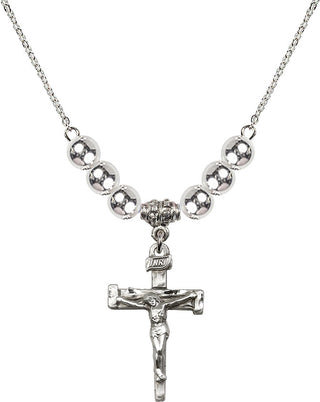 18" Rhodium Plated Necklace with 6mm Sterling Silver Beads featuring a Sterling Silver Nail Crucifix Medal.