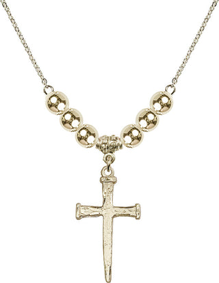 18" Hamilton Gold Plated Necklace with 6mm 14kt Gold Filled Beads featuring a 14kt Gold Filled Nail Cross Medal.