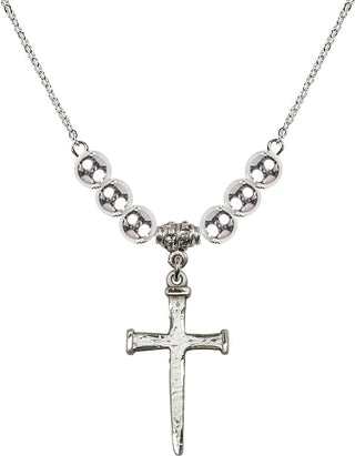 18" Rhodium Plated Necklace with 6mm Sterling Silver Beads featuring a Sterling Silver Nail Cross Medal.