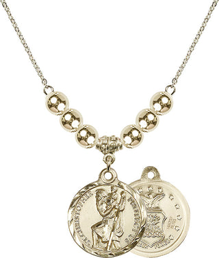 18" Hamilton Gold Plated Necklace with 6mm 14kt Gold Filled Beads featuring a 14kt Gold Filled Saint Christopher / Air Force Medal.