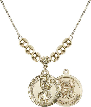 18" Hamilton Gold Plated Necklace with 6mm 14kt Gold Filled Beads featuring a 14kt Gold Filled Saint Christopher / Coast Guard Medal.