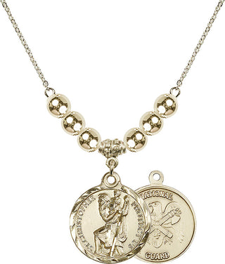 18" Hamilton Gold Plated Necklace with 6mm 14kt Gold Filled Beads featuring a 14kt Gold Filled Saint Christopher / Nat'l Guard Medal.