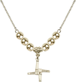 18" Hamilton Gold Plated Necklace with 6mm 14kt Gold Filled Beads featuring a 14kt Gold Filled Saint Brigid Cross Medal.