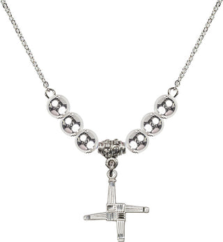 18" Rhodium Plated Necklace with 6mm Sterling Silver Beads featuring a Sterling Silver Saint Brigid Cross Medal.