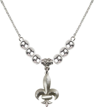 18" Rhodium Plated Necklace with 6mm Sterling Silver Beads featuring a Sterling Silver Fleur de Lis Medal.