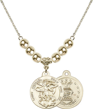 18" Hamilton Gold Plated Necklace with 6mm 14kt Gold Filled Beads featuring a 14kt Gold Filled Saint Michael / Air Force Medal.