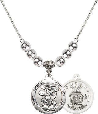 18" Rhodium Plated Necklace with 6mm Sterling Silver Beads featuring a Sterling Silver Saint Michael / Air Force Medal.