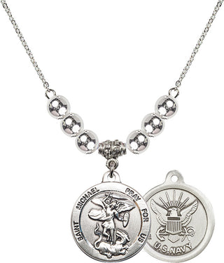18" Rhodium Plated Necklace with 6mm Sterling Silver Beads featuring a Sterling Silver Saint Michael / Navy Medal.