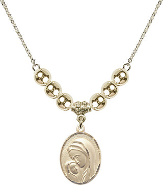 18" Hamilton Gold Plated Necklace with 6mm 14kt Gold Filled Beads featuring a 14kt Gold Filled Madonna & Child Medal.