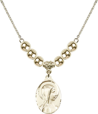 18" Hamilton Gold Plated Necklace with 6mm 14kt Gold Filled Beads featuring a 14kt Gold Filled Sorrowful Mother Medal.