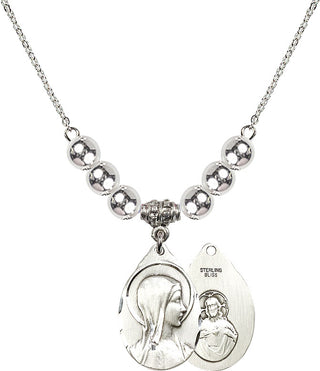 18" Rhodium Plated Necklace with 6mm Sterling Silver Beads featuring a Sterling Silver Sorrowful Mother Medal.