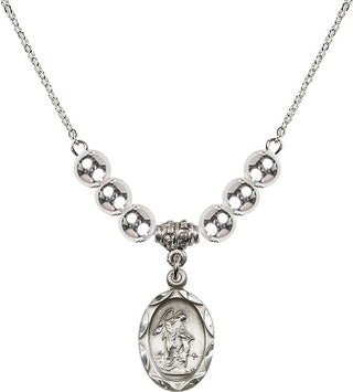 18" Rhodium Plated Necklace with 6mm Sterling Silver Beads featuring a Sterling Silver Guardian Angel Medal. Engraved Catholic Saint Jewelry