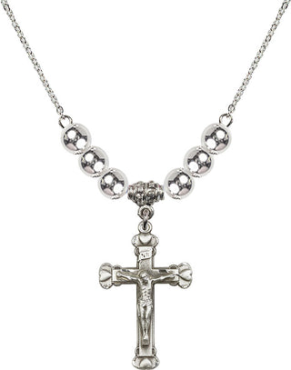 18" Rhodium Plated Necklace with 6mm Sterling Silver Beads featuring a Sterling Silver Crucifix Medal.