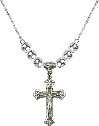 18" Rhodium Plated Necklace with 6mm Sterling Silver Beads featuring a Sterling Silver Crucifix Medal.