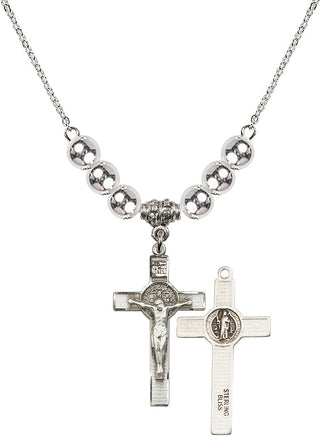 18" Rhodium Plated Necklace with 6mm Sterling Silver Beads featuring a Sterling Silver Saint Benedict Crucifix Medal.