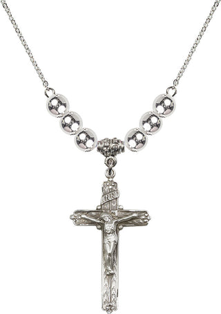 18" Rhodium Plated Necklace with 6mm Sterling Silver Beads featuring a Sterling Silver Crucifix Medal.