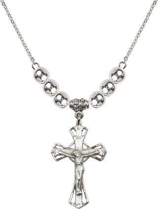 18" Rhodium Plated Necklace with 6mm Sterling Silver Beads featuring a Sterling Silver Crucifix Medal.