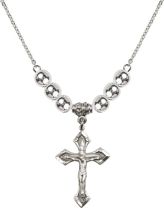 18" Rhodium Plated Necklace with 6mm Sterling Silver Beads featuring a Sterling Silver Crucifix Medal.