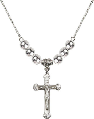 18" Rhodium Plated Necklace with 6mm Sterling Silver Beads featuring a Sterling Silver Crucifix Medal.