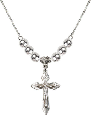 18" Rhodium Plated Necklace with 6mm Sterling Silver Beads featuring a Sterling Silver Crucifix Medal.