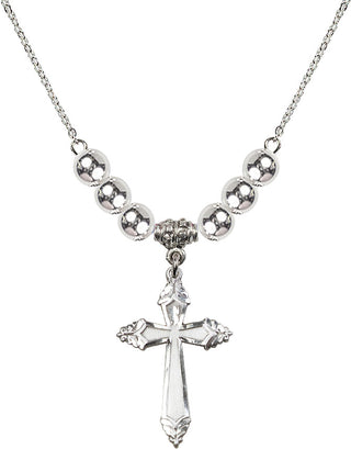 18" Rhodium Plated Necklace with 6mm Sterling Silver Beads featuring a Sterling Silver Cross Medal.