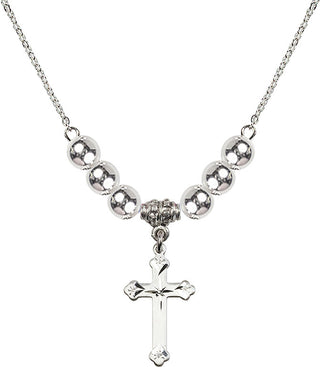18" Rhodium Plated Necklace with 6mm Sterling Silver Beads featuring a Sterling Silver Cross Medal.