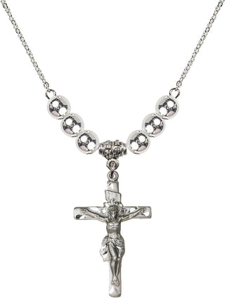 18" Rhodium Plated Necklace with 6mm Sterling Silver Beads featuring a Sterling Silver Crucifix Medal.