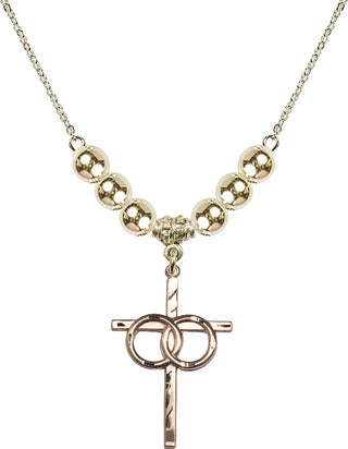 18" Hamilton Gold Plated Necklace with 6mm 14kt Gold Filled Beads featuring a 14kt Gold Filled Wedding Rings Cross Medal.