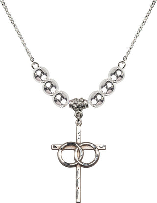 18" Rhodium Plated Necklace with 6mm Sterling Silver Beads featuring a Sterling Silver Wedding Rings Cross Medal.