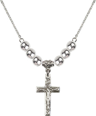 18" Rhodium Plated Necklace with 6mm Sterling Silver Beads featuring a Sterling Silver Crucifix Medal.